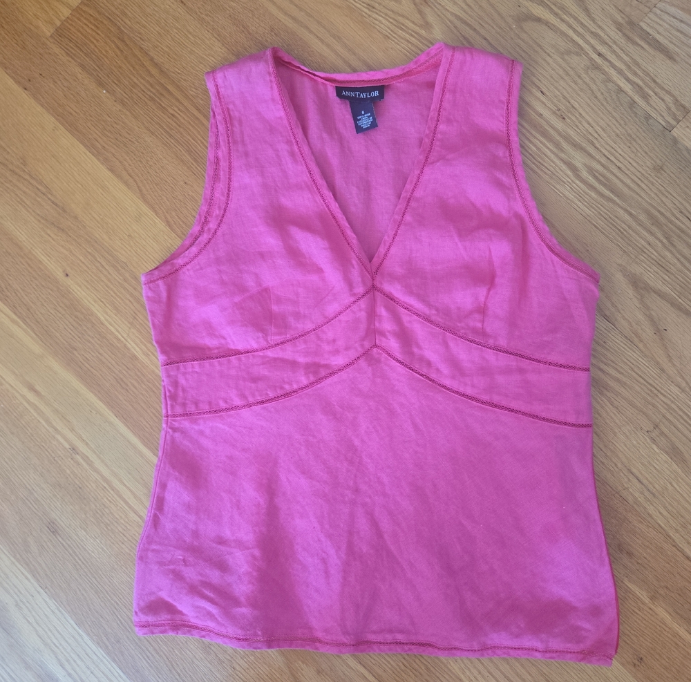 Ann Taylor Bright Pink V-Neck Irish Linen Top
